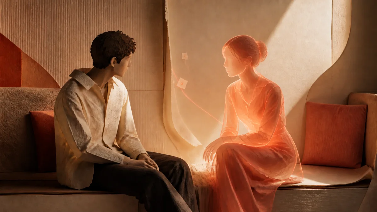 An original paper diorama shows an anonymous man facing a translucent coral woman in a warm room. The woman is a symbolic embodiment of Samantha, who has no body in the film.
