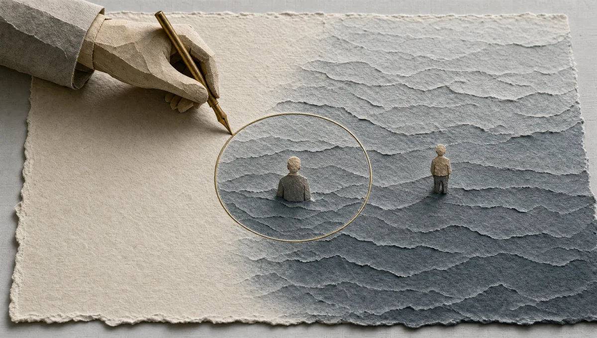 An original paper still life seen from above. A hand holds a pen over a sheet of bone paper where a shallow field of cold gray water is built from torn paper strata. A single closed circle of thin brass wire is pressed into the paper: one small anonymous figure stands inside it, seen from behind, and a smaller figure stands outside it with no line of its own. No machine appears in the picture, because what answered in this scene was a rule, and the rule is what the art draws. The figures are generic and low detail, with no facial features and no likeness of any performer.