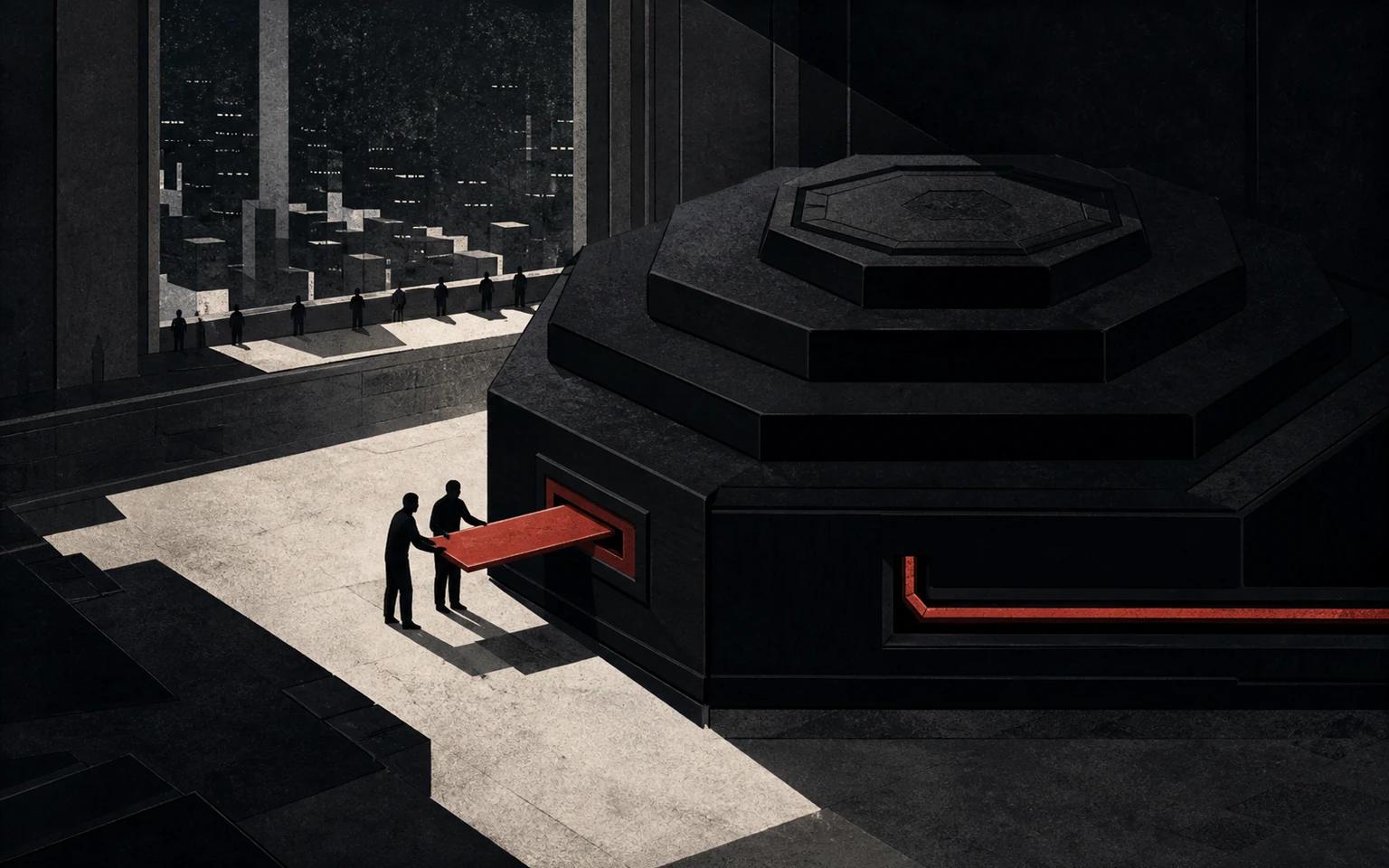 Small human operators activate a black automated command engine as one red conduit lights above a dark city.