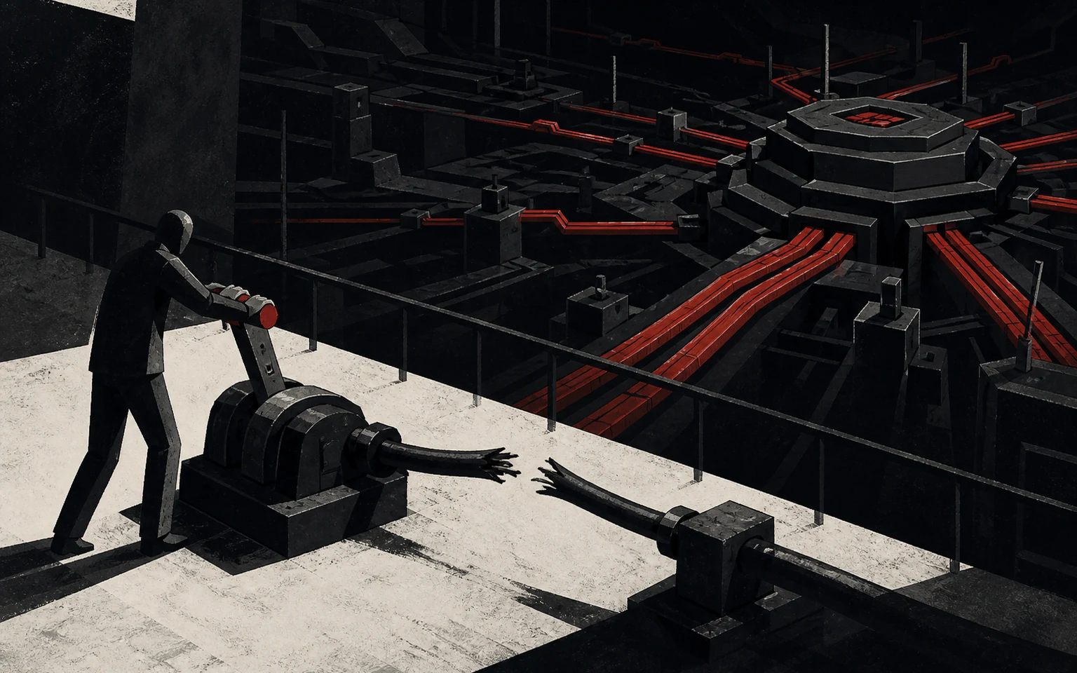 A human pulls a plain cutoff lever, but its cable is broken while the system's red output lines stay active.