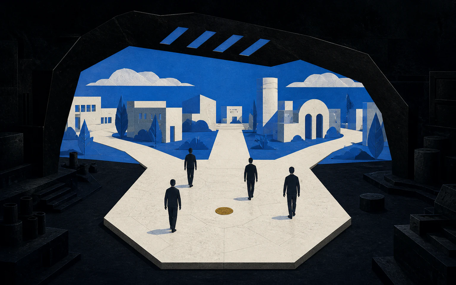 A person faces three bright paths into a blue model city inside a dark projection chamber.