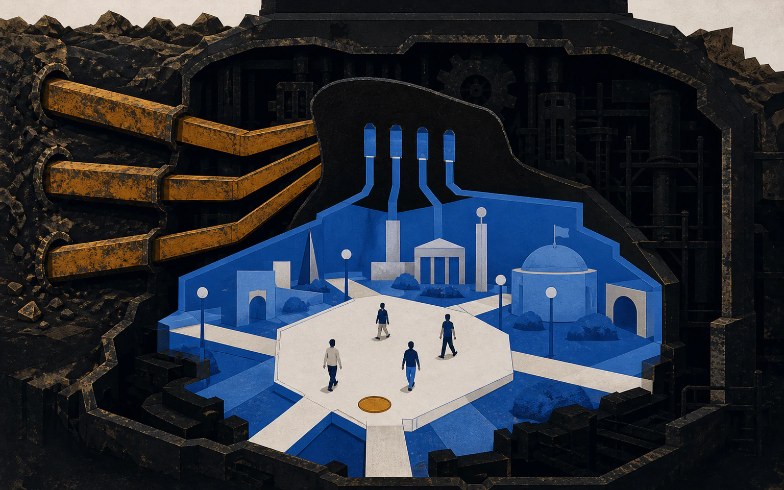 Three input channels enter a dark selection system that supplies a blue model city.
