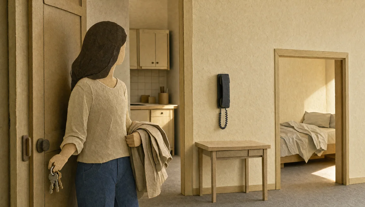 An original paper diorama of a small apartment seen from its open front door in morning light. An anonymous young woman in matte cotton stands half-turned in the doorway with keys and a folded jacket, her head turned away so no face shows. Behind her a wall telephone rests on its hook, and a further doorway shows the corner of an unmade second bed. Nothing in the frame is glossy or red, the two materials this set keeps for the machine.