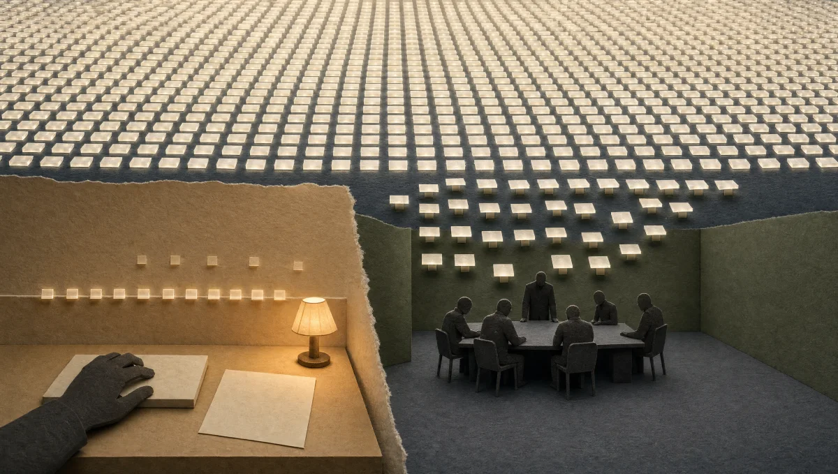 An original paper diorama of two rooms under one surface. At the lower left an anonymous charcoal hand rests on a plain slab at a small lamplit desk beside a blank sheet, with the first row of small pale translucent pieces forming on the wall. At the lower right, across a torn paper edge, small featureless figures sit at a low table in an olive and slate room under an ordered field of the same pieces. Above both rooms the pieces thicken into one glowing plane. The translucent lattice is a symbolic stand-in for the film's war-game computer, which this art never shows as a cabinet, a screen, or a voice. The figures are generic, low-detail figures with no facial features and no likeness of any performer.