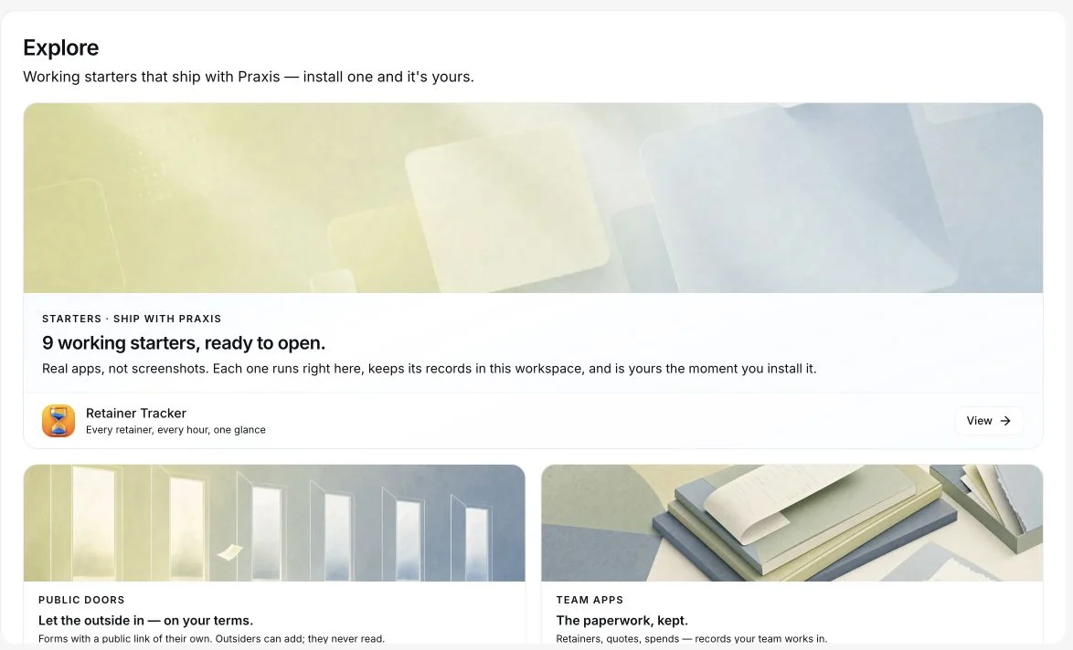 Praxis Explore starter catalog showing operational playbooks
