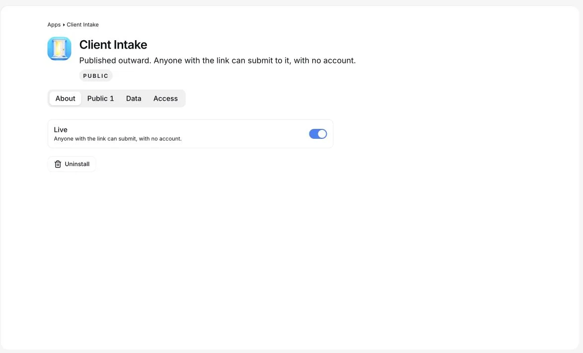 Praxis client intake portal surface