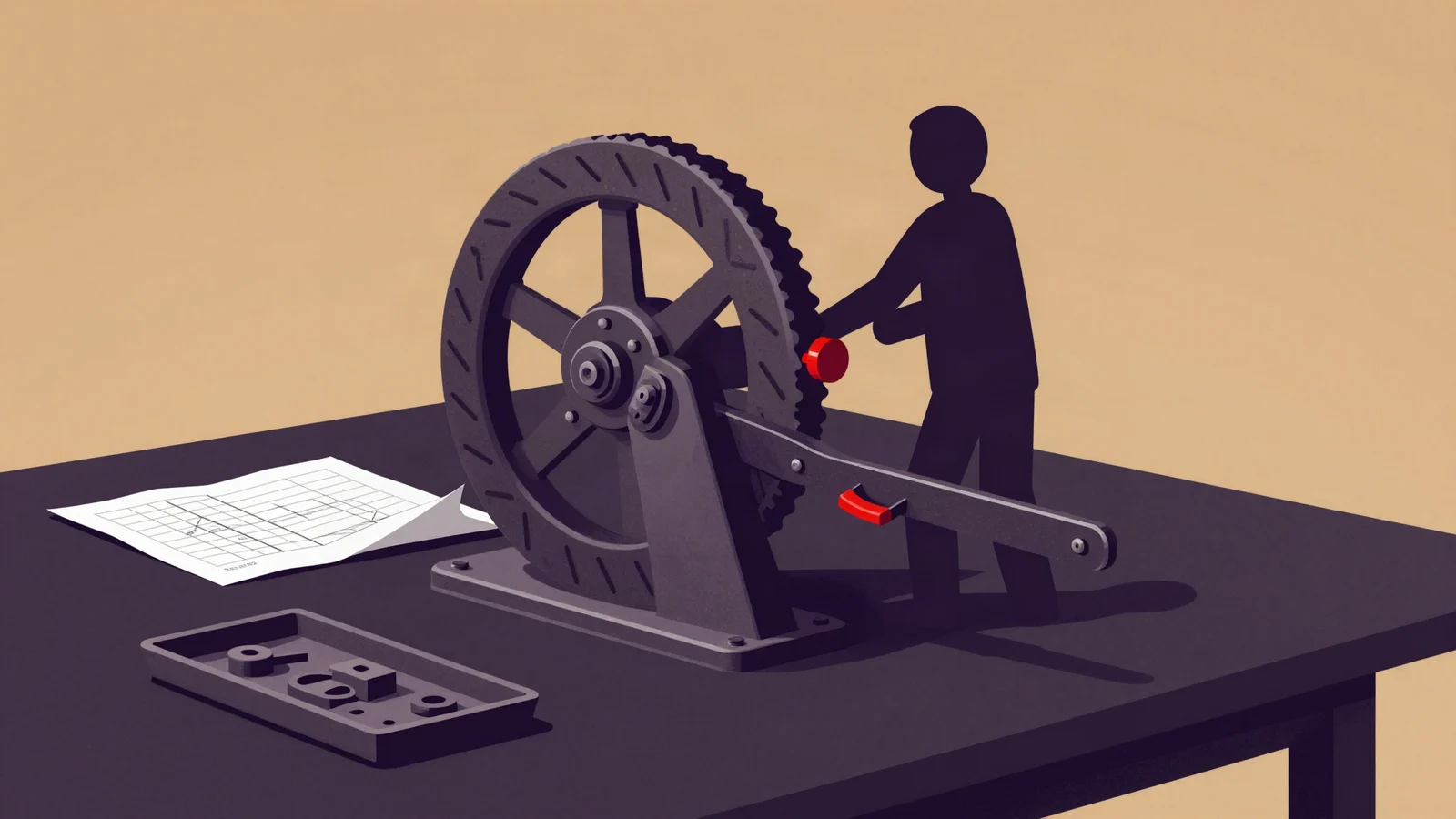 A person tests a large mechanical brake beside a paper plan and a tray of repair parts.