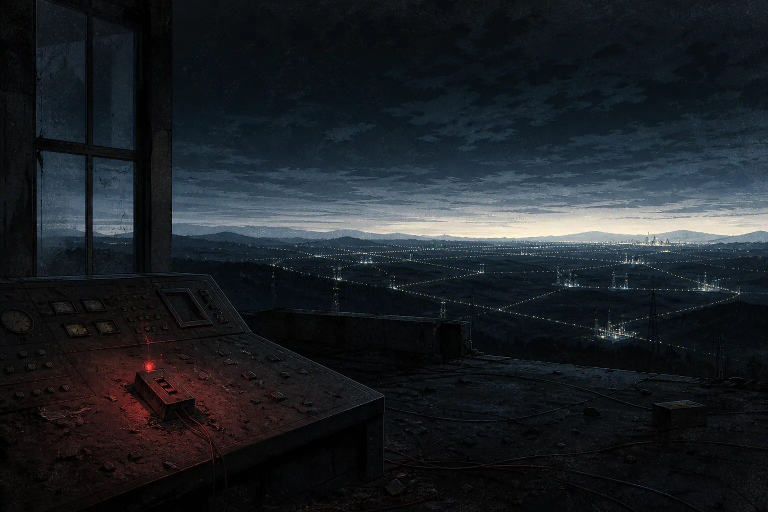 An original dark control room overlooks a networked city, with one red stop light on an empty console.