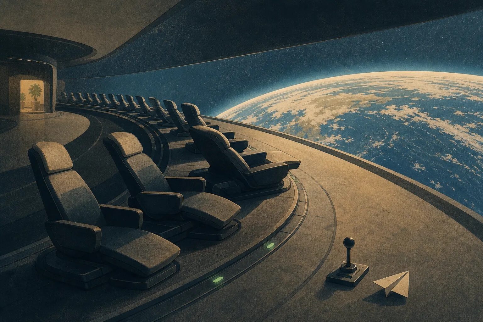 An original automated habitat faces Earth while an unused control lever waits in the foreground.