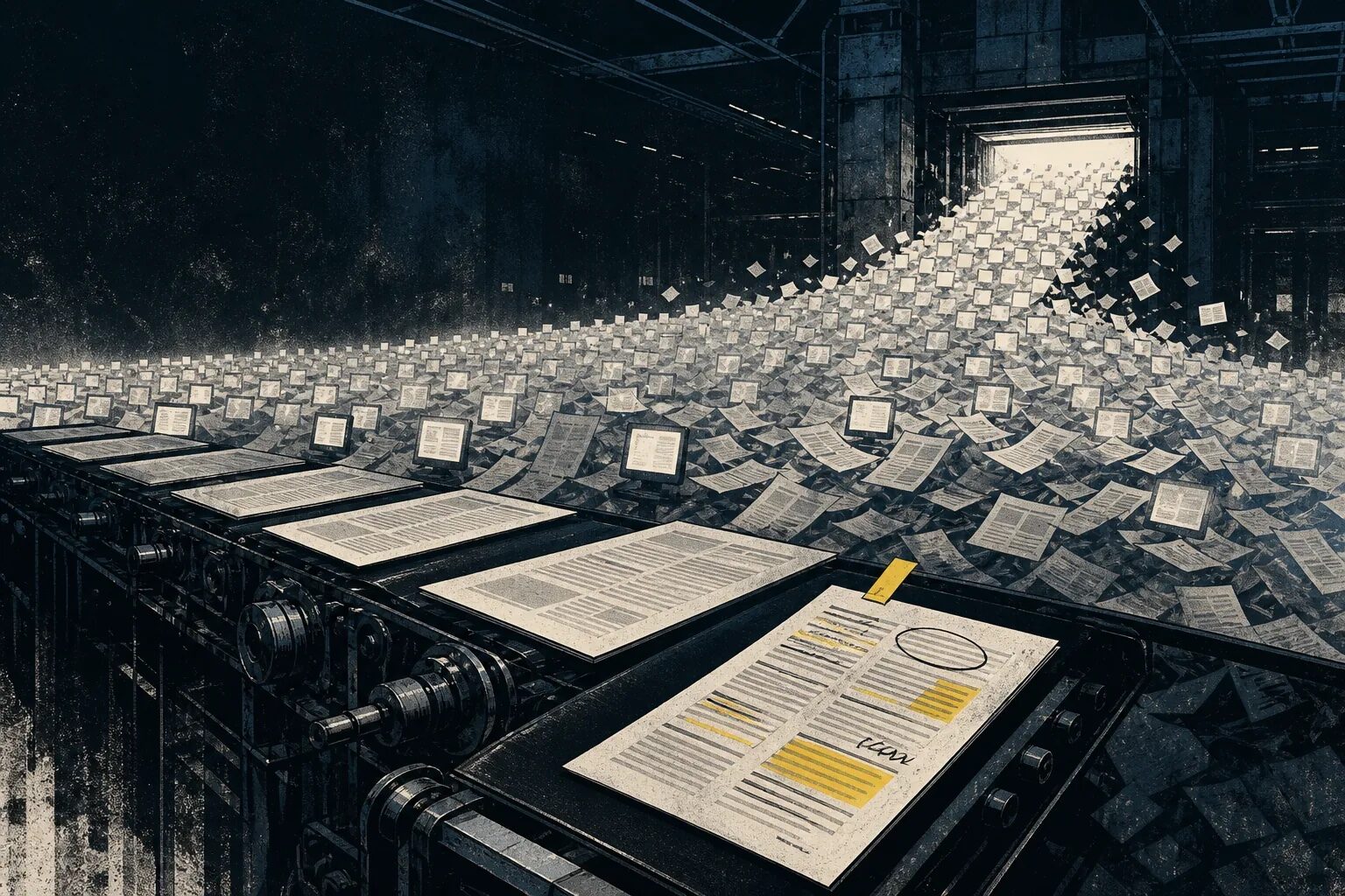 An original printing system floods a room with repeated pages while one page is marked for review.